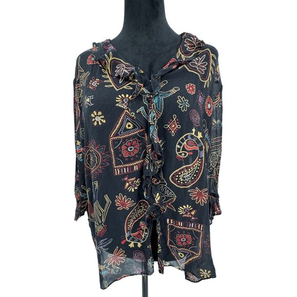 Chicos Silk Artsy Top Womens Size L Novelty Abstract Boho Ruffled Art Button Vtg - Picture 3 of 6